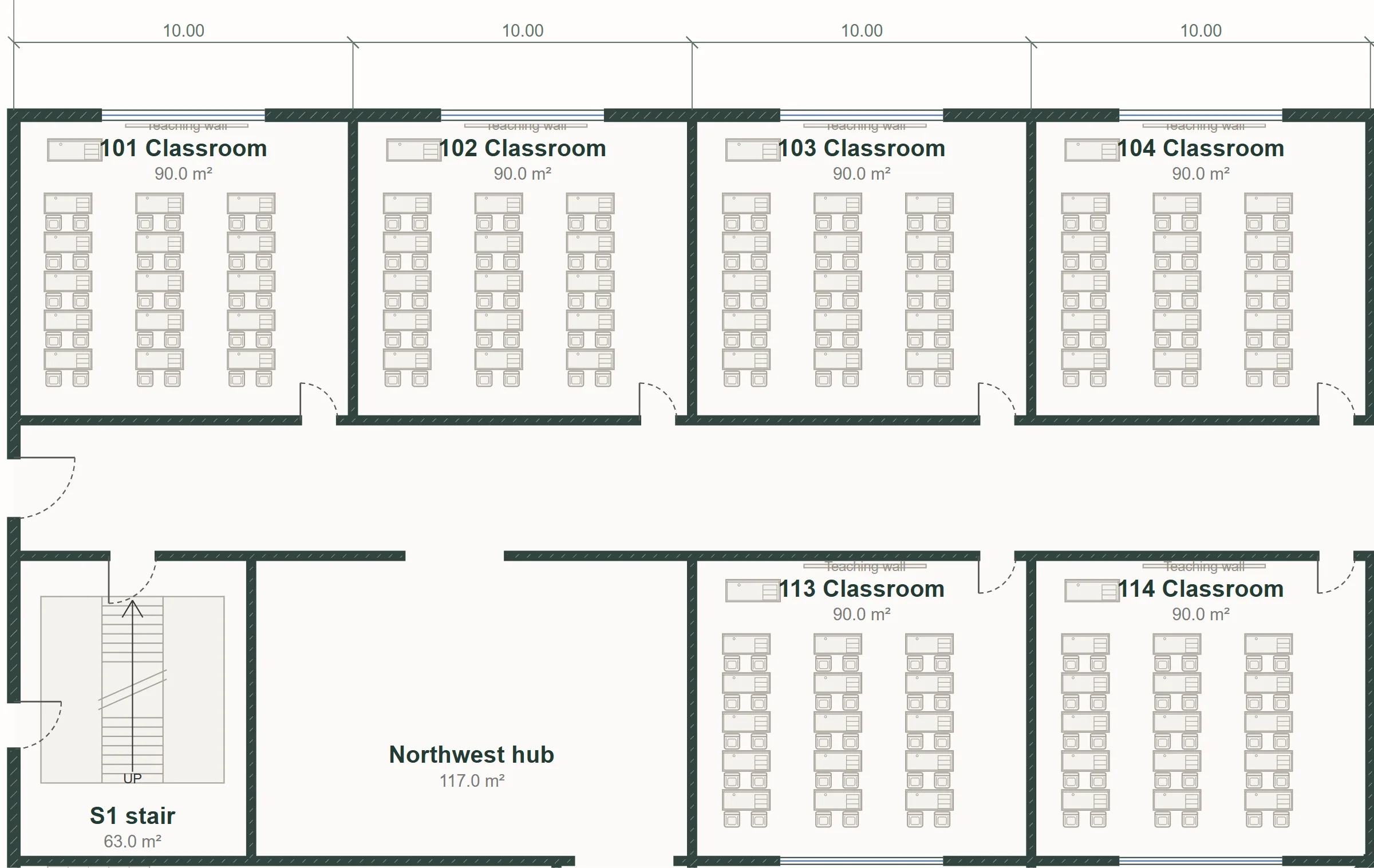 Classrooms with walls, doors and furniture
