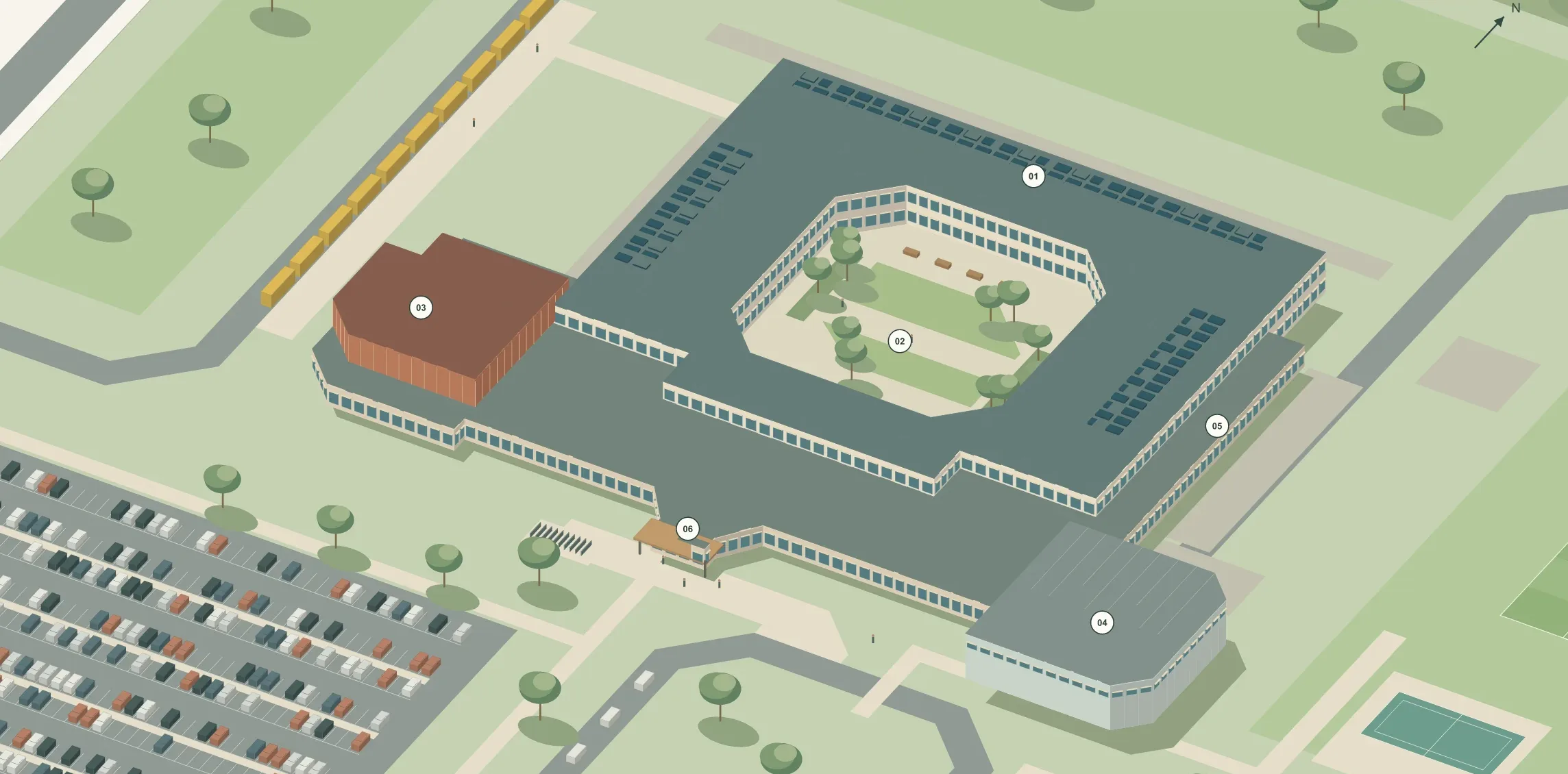 A community high school designed and modeled in BIMIQ, seen from above