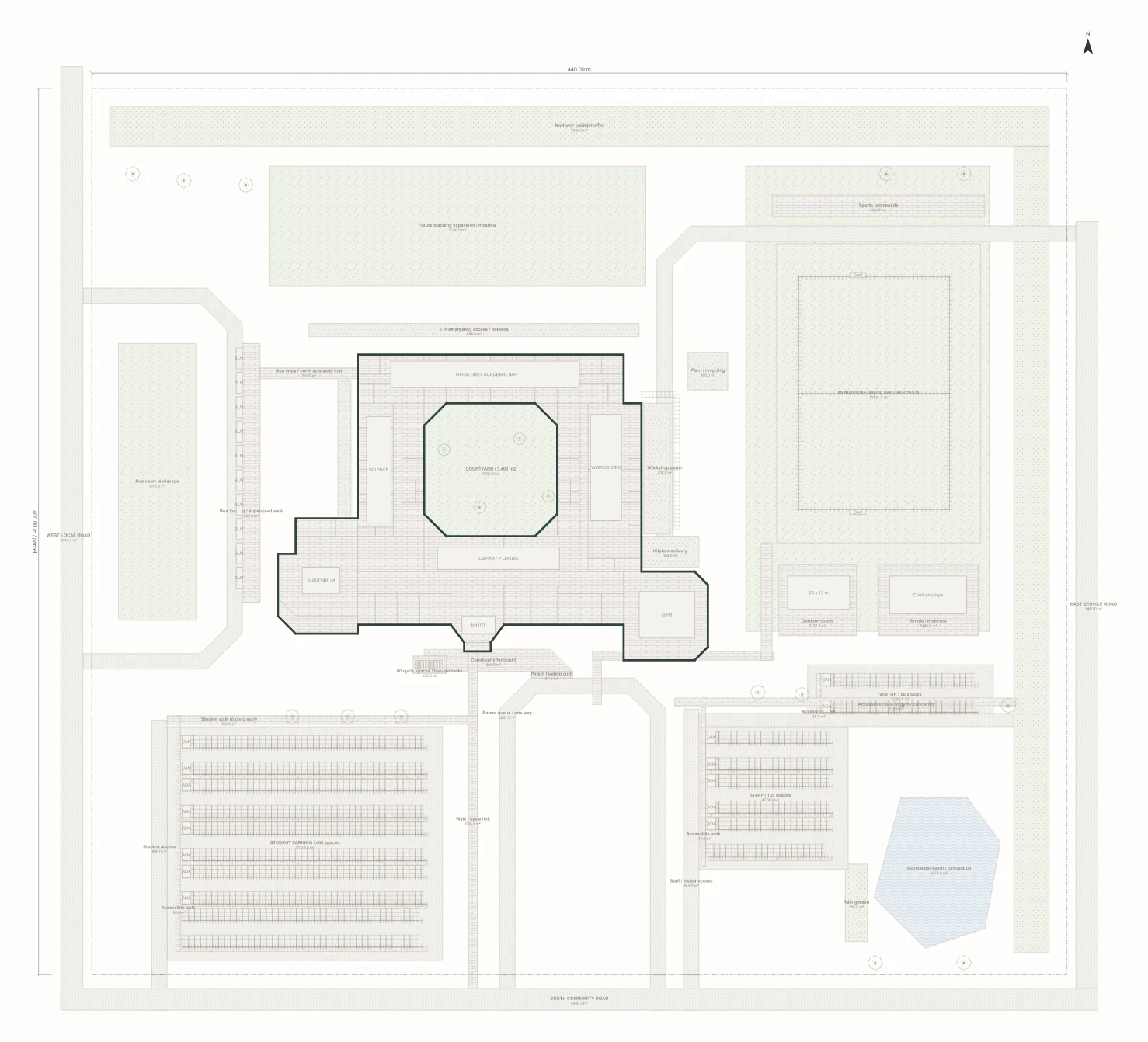 The school site: a 17.6 hectare parcel with the building, parking, fields and access roads