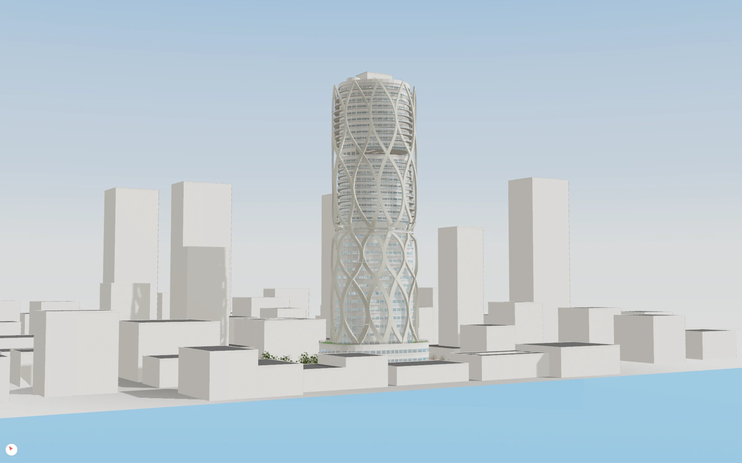 The model from across the water, with the neighbouring towers
