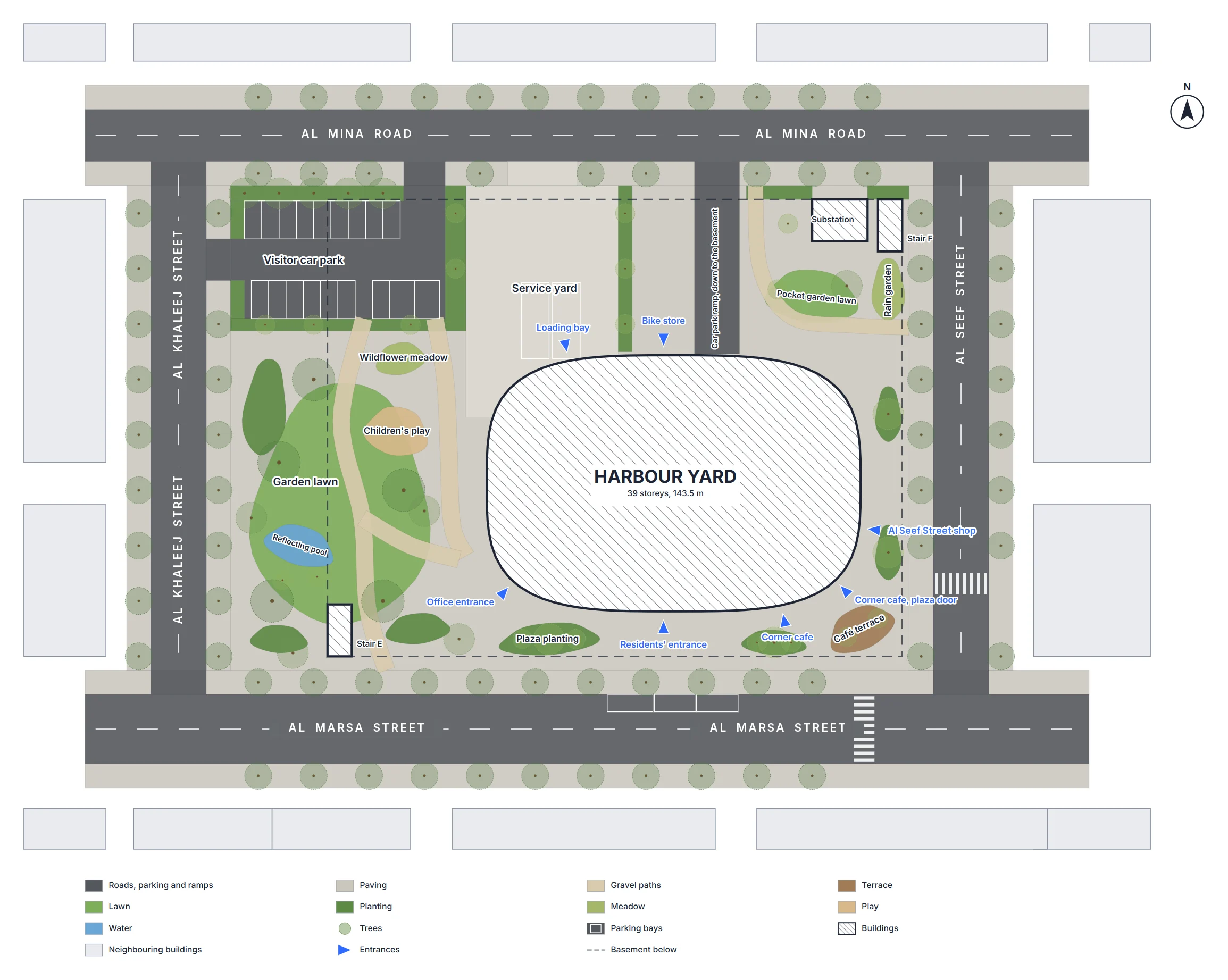 The site, loaded: a 98 × 70 m waterfront block in Dubai